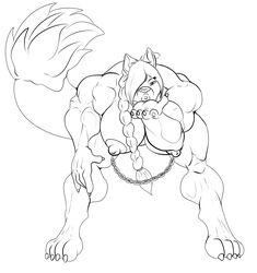 air_kiss amficyon_(species) anthro braid chains female female_only front_view hair huge_muscles long_hair long_tail looking_at_viewer muscles muscular_female nipple_piercing nipples piercing solo unknownwolf volvoretta_obomsawin_(character)