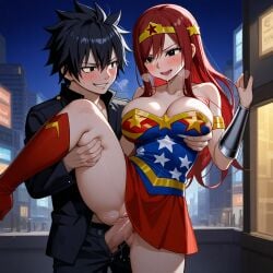 1boy 1girls ai_generated ass black_hair breasts city cosplay costume couple erza_scarlet fairy_tail gray_fullbuster red_hair sensual sexy wonder_woman