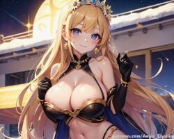 1girls aegis_elysium ai_art ai_generated armor blonde_hair blue_eyes blush blushing blushing_at_viewer breasts cleavage day dress earrings female_focus gem gloves hair_ornament headpiece highres huge_breasts indoors jewelry large_breasts light long_hair looking_at_viewer navel night night_sky nipple_slip nipples original_character patreon patreon_username skindentation sky solo solo_focus starry_sky stars table thick thick_breasts tiara very_long_hair window windows