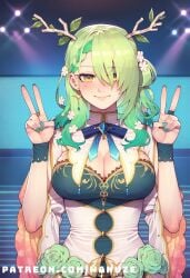 ai_generated big_ass big_breasts big_butt big_thighs blush ceres_fauna green_hair hololive horn huge_ass huge_breasts huge_butt huge_thighs peace_sign wanuze wide_hips yellow_eyes