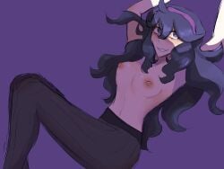 1girls hex_maniac laying_down long_hair miliskiss pantyhose pokemon pokemon_xy purple_eyes purple_hair solo_female spiral_eyes topless_female