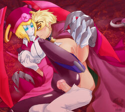 1boy 1girls android aqua_eyes blazblue blonde_hair breast_grab breasts cape claws clothed_sex domino_mask facial_hair female gloves glowing glowing_eyes hand_holding highres husband_and_wife ignis_clover loosescrews male married mask penis pussy pussy_juice relius_clover robot_ears robot_girl sex straight stubble uncensored white_eyes