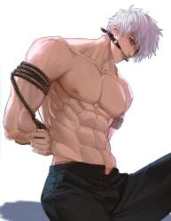 abs arms_behind_back bondage gag gagged gintama gintoki_sakata looking_at_viewer male male_only malesub muscular muscular_male omodongmodong pecs red_eyes restrained rope rope_bondage sitting solo sweat topless topless_male white_hair