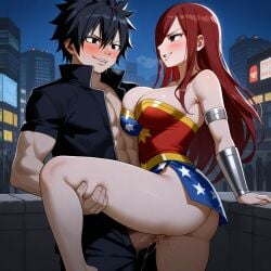 1boy 1girls ai_generated ass black_hair breasts city cosplay costume couple erza_scarlet fairy_tail gray_fullbuster red_hair sensual sexy wonder_woman