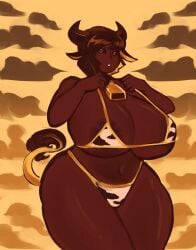 big_breasts black_sclera brown_hair cow_girl cow_print_bikini cowbell original_character thick_thighs thren yellow_eyes