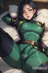 1futa ai_generated artist_name black_hair dickgirl futanari futarush green_eyes large_breasts medium_breasts patreon patreon_username riot_games short_hair sultryspark valorant viper_(valorant)