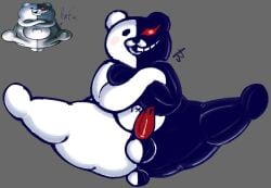 1boy 2d anthro ass balls bear black_body danganronpa digital_drawing_(artwork) digital_media digital_media_(artwork) fur genetic_chimerism genitals grey_background hi_res humanoid kappi0 looking_at_viewer looking_down looking_down_at_viewer male male_only mammal metallic_body monokuma multicolored_body nude open_mouth penis pose reference_image simple_background smile solo spike_chunsoft split_color tail teeth ursid watermark white_body white_fur