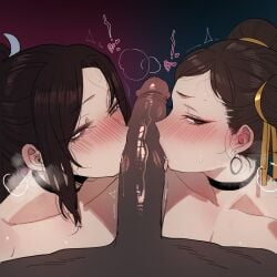 1boy 2d 2d_(artwork) 2d_artwork 2girls 6 asian asian_female big_penis blush blush blush_lines blushing_at_viewer brown_hair capcom chun-li collar dark-skinned_male dark_skin fatal fighter fighters fury hi_res king kiss_mark kissing kissing_penis licking licking_penis light-skinned_female light_skin looking_at_viewer mai_shiranui naked naked_female naked_male nude nude_female nude_male of penis ratatatat74 snk street threesome