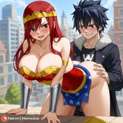 1boy 1girls ai_generated ass black_hair breasts city cosplay costume couple erza_scarlet fairy_tail gray_fullbuster red_hair sensual sexy wonder_woman