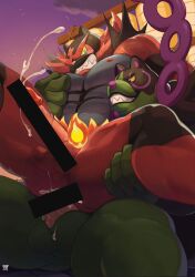 2boys abs anal bad_id bad_twitter_id bar_censor bara benoit black_fur blush censored clenched_teeth cum fangs furry furry_male green_fur grin hand_on_another's_chest highres incineroar looking_at_another male_focus multiple_boys muscular muscular_male nipples okidogi pectorals pokemon pokemon_(creature) red_fur smile teeth yaoi