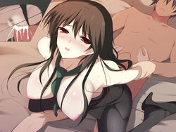 big_sister blush breasts brother_and_sister brown_hair censored chifuyu_orimura cowgirl_position creampie cum cum_in_pussy cum_inside cumdrip ejaculation high_heels ichika_orimura incest infinite_stratos large_breasts little_brother long_hair necktie nipples no_bra older_female older_sister orimura_chifuyu orimura_ichika penis red_eyes sex topless vaginal_penetration younger_brother younger_male