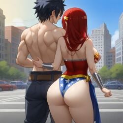 1boy 1girls ai_generated ass black_hair breasts city cosplay costume couple erza_scarlet fairy_tail gray_fullbuster red_hair sensual sexy wonder_woman