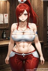 abs ai_generated arm_tattoo bangs bare_arms bare_shoulders blush bra breasts brown_eyes chest_sarashi clavicle cleavage closed_mouth clothing covered_erect_nipples cowboy_shot crop_top erect_nipples_under_clothes erza_scarlet fairy_tail female female female_only hair_ornament hair_ribbon hakama high_ponytail hip_vent indoors jousneystudio large_breasts lips long_hair looking_at_viewer midriff muscle navel nipples orange_eyes pants patreon_username ponytail red_hair red_hakama red_pants ribbon sarashi see-through shirt shoulder_tattoo sidelocks skindentation solo standing stomach sweat swept_bangs tattoo thigh_gap thighs tied_hair tight toned underwear v-shaped_eyebrows watermark white_ribbon wooden_wall