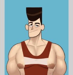 1boy bara bara_tiddies brown_hair clone_high fae_(artist) hi_res jfk_(clone_high) male male_focus male_only muscular muscular_male nipples pecs pectorals simple_background smile solo solo_male tank_top