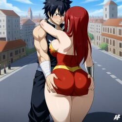 1boy 1girls ai_generated ass black_hair breasts city cosplay costume couple erza_scarlet fairy_tail gray_fullbuster red_hair sensual sexy wonder_woman