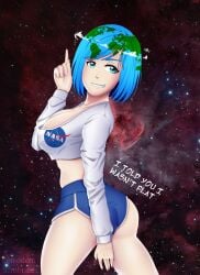 1girl ass blue_hair blue_shorts breasts crop_top cropped_hoodie dat_ass deviantart_username dolphin_shorts earth-chan english_text female female_only green_eyes green_hair grin large_ass large_breasts long_sleeves looking_back modernherobrine nasa open_mouth red_nails short_hair shorts solo space thick_thighs thighs white_crop_top white_shorts