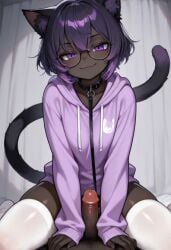 1boy ai_generated assbed black_fur black_skin cat_ears cat_tail cowgirl_position feline feline femboy gay girly glasses imminent_sex leash looking_at_viewer looking_pleasured oc penis purple_eyes purple_hair purple_hoodie smug solo stockings stomas1408 tagme white_stockings wolfy_zero youtube youtuber