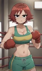 ai_generated ass bigmic145 black_eyes boxer boxing_gloves boxing_ring breasts cleavage crop_top dolphin_shorts eyeshadow female female_only freckles freckles_on_face kim_pine medium_breasts navel netflix red_hair scott_pilgrim scott_pilgrim_takes_off solo solo_female sweat sweatdrop sweating