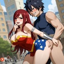 1boy 1girls ai_generated ass black_hair breasts city cosplay costume couple erza_scarlet fairy_tail gray_fullbuster red_hair sensual sexy wonder_woman