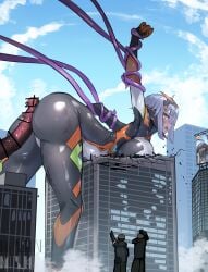 absurdres ass bar_censor bent_over blue_sky blush bodysuit breast_press breasts building censored city cloud colossus_(natsukaze_shigure) day destruction erection female giant giantess green_eyes grey_hair highres imminent_rape impossible_bodysuit impossible_clothes large_breasts multiple_boys natsukaze_shigure open_mouth original outdoors penis peril restrained ruins short_hair skin_tight sky skyscraper solo_focus straight tentacle