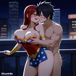 1boy 1girls ai_generated ass black_hair breasts city cosplay costume couple erza_scarlet fairy_tail gray_fullbuster red_hair sensual sexy wonder_woman