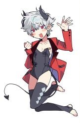 alternate_costume bandaids_on_nipples black_legwear black_thighhighs blazer blush cloudyqchan demon_boy demon_horns demon_tail femboy full_body gintama gintoki_sakata horns leotard looking_at_viewer male male_only pale-skinned_male pale_skin red_eyes smile solo stirrup_legwear thighhighs twink waving white_hair