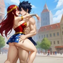 1boy 1girls ai_generated ass black_hair breasts city cosplay costume couple erza_scarlet fairy_tail gray_fullbuster red_hair sensual sexy wonder_woman