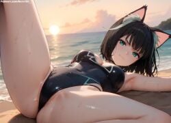 1girls 2d ai_generated ass athletic athletic_female bare_shoulders beach belly black_hair cat_ears cat_girl cat_tail chest cleavage curvy curvy_figure cute cute_face detailed eyelashes eyeshadow female female_only fit fit_female focus green_eyes high_leg_leotard high_quality hips isekai_shikkaku legs light-skinned_female light_skin lips lipstick looking_at_viewer lying makeup mascara medium_breats medium_hair midriff navel nero100 one-piece_swimsuit outdoors pale-skinned_female pale_skin perky_breasts petite_ petite_body posing seductive seductive_look serious serious_face short_hair skinny skinny_girl slim spread_legs stable_diffusion swimsuit swimwear tama_(isekai_shikkaku) teenager thighs thin_waist wet