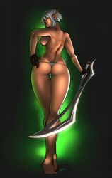 ass back breasts female gloves glowing green_eyes hair human looking_at_viewer looking_back nipples pussy short_hair sideboob smirk solo spearfrost standing sword topless underwear weapon white_hair