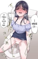 1girls anime_style artist_name bare_shoulders black_hair blush breasts english_text female kinagirea long_hair open_mouth original original_character peeing relief relieved skirt skirt_lift solo sweat thought_bubble toilet toilet_use