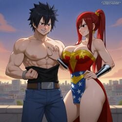 1boy 1girls ai_generated ass black_hair breasts city cosplay costume couple erza_scarlet fairy_tail gray_fullbuster red_hair sensual sexy wonder_woman