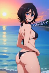 2025 2d 4k 4k_resolution ai_generated aigirl beach black_hair black_lipstick bleach blue_eyes blush detailed ecchi female hd hentai high_resolution highres kuchiki_rukia lewd looking_back nsfw paurikai porn sex short_hair smile sunset uncensored watermark