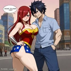 1boy 1girls ai_generated ass black_hair breasts city cosplay costume couple erza_scarlet fairy_tail gray_fullbuster red_hair sensual sexy wonder_woman