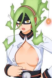 1girls breasts burnin_(my_hero_academia) confused domino_mask flaming_hair green_hair hypnosis large_breasts long_hair mask mind_control my_hero_academia nipples open_clothes open_mouth pendulum ryuugu undressing yellow_eyes