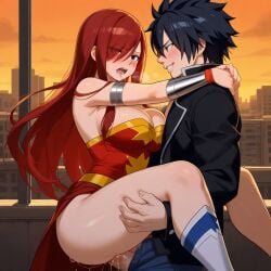 1boy 1girls ai_generated ass black_hair breasts city cosplay costume couple erza_scarlet fairy_tail gray_fullbuster red_hair sensual sexy wonder_woman