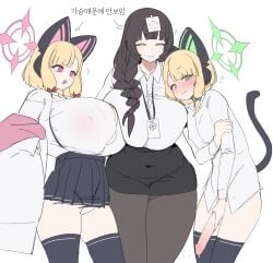 3girls absurdres animal_ear_headphones animal_ears arrow_(symbol) asymmetrical_docking black_hair black_pantyhose black_skirt black_thighhighs blonde_hair blue_archive blush bow breast_press breasts cat_ear_headphones closed_eyes closed_mouth collared_shirt erection fake_animal_ears fake_tail female_sensei_(blue_archive) full-face_blush futa_with_female futanari green_eyes green_halo gya_rb hairbow halo hand_on_own_penis headphones highres huge_breasts korean_text long_hair long_sleeves midori_(blue_archive) momoi_(blue_archive) multiple_girls open_mouth panties pantyhose penis pink_eyes pink_halo sensei_(blue_archive) shirt shirt_tucked_in siblings simple_background sisters skirt smile tail thighhighs translation_request uncensored underwear white_background white_panties white_shirt