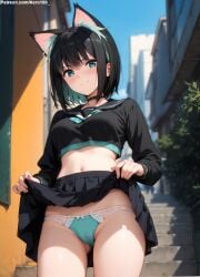 1girls 2d ai_generated ass athletic athletic_female bare_shoulders belly black_hair cat_ears cat_girl cat_tail chest curvy curvy_figure cute cute_face detailed eyelashes eyeshadow female female_only fit fit_female focus fully_clothed green_eyes high_quality hips isekai_shikkaku legs light-skinned_female light_skin lips lipstick looking_at_viewer makeup mascara medium_breats medium_hair midriff navel nero100 pale-skinned_female pale_skin panties panties_peek perky_breasts petite_ petite_body posing seductive seductive_look short_hair showing_panties skinny skinny_girl skirt skirt_lift skirt_up slim stable_diffusion tagme tama_(isekai_shikkaku) teenager thighs thin_waist