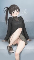 :d black_eyes black_hair black_hoodie brown_shoes censored commentary_request female grey_skirt hair_bun highres hood hoodie knee_up leg_up legs long_hair long_sleeves miniskirt mosaic_censoring no_panties open_mouth original pleated_skirt plus_step pussy shoes side_ponytail single_side_bun skirt smile sneakers solo speech_bubble teeth thighs tongue translation_request upper_teeth_only