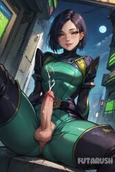 1futa ai_generated artist_name black_hair dickgirl futanari futarush green_eyes large_breasts medium_breasts patreon patreon_username riot_games short_hair sultryspark valorant viper_(valorant)