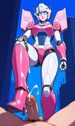 1boy 1girl ai_generated alien arcee arcee_(g1) autobot blue_background bootjob cock cum cum_on_boot cumshot female foot_fetish foot_focus footjob gynoid larger_female male male/female penis pink_body pov robot_girl transformers