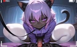 1boy ai_generated assbed black_fur black_skin cat cat_ears cat_tail feline femboy gay girly glasses leash looking_at_viewer oc penis purple_eyes purple_hair purple_hoodie recording smug solo stockings stomas1408 tagme taker_pov white_stockings wolfy_zero youtube youtuber