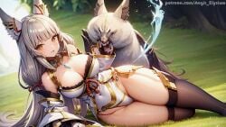 1girls absurdly_long_hair aegis_elysium ai_art ai_generated alternate_breast_size alternate_costume animal animal_ears bitting blush blushing_at_viewer breasts cat_ears cleavage cleavage_cutout clothing_cutout day earrings elbow_gloves female female_focus gem gloves grass grey_hair hair_ornament headpiece highres holding huge_breasts jewelry large_breasts leaf leaves light long_hair long_sleeves looking_at_viewer lying navel nia nia_(blade)_(xenoblade) nia_(xenoblade) nintendo open_mouth patreon patreon_username rabbit ribbon silver_hairband skindentation sky smile solo solo_focus standing swept_bangs thick_breasts thick_thighs thighhighs thighs tiara tree very_long_hair water watermark xenoblade_(series) xenoblade_chronicles_(series) xenoblade_chronicles_2 yellow_eyes