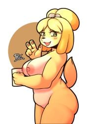 1female 1girl animal_crossing big_breasts chubby chubby_female coffee_mug eyebags female furry isabelle_(animal_crossing) peace_sign risuu tail