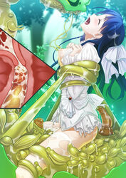 blue_hair breasts breasts_out caterpillar cowgirl_position cum cum_in_pussy cum_in_uterus cum_inside dissolving_clothes dress endured_face large_breasts medium_breasts midori_miso monster open_mouth rape restrained sex slime tentacle torn_clothes uterus vaginal_penetration x-ray