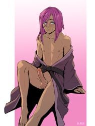 1boy bare_shoulders barefoot black_kimono closed_mouth collarbone d-rex dark-skinned_male dark_skin erection highres japanese_clothes kimono knee_up medium_hair original penis pink_background pink_hair sitting solo testicles white_background