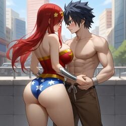 1boy 1girls ai_generated ass black_hair breasts city cosplay costume couple erza_scarlet fairy_tail gray_fullbuster red_hair sensual sexy wonder_woman