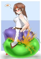 1girls art_of_fighting ass ass big_ass big_butt blush brown_hair fart fart_cloud fart_fetish farting fingerless_gloves gloves grabbing_own_ass headband king_of_fighters lazei looking_back purple_gloves rear_view sitting snk solo_female thought_bubble viewed_from_behind yuri_sakazaki