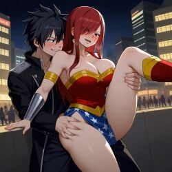 1boy 1girls ai_generated ass black_hair breasts city cosplay costume couple erza_scarlet fairy_tail gray_fullbuster red_hair sensual sexy wonder_woman