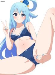 absurdres aqua_(konosuba) blue_bra blue_eyes blue_hair blue_panties blush bra breasts dsuzu female hair_ornament hair_rings highres kono_subarashii_sekai_ni_shukufuku_wo! long_hair looking_at_viewer medium_breasts panties simple_background smile solo spread_legs spread_pussy underwear white_background