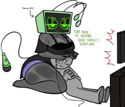 angry_face annoyed anon big_breasts big_thighs breast_on_head dandys_world girl_focus green_eyes huge_breasts playing_videogame roblox robot_girl screen_face stregaz173341 tv_head vee_(dandy's_world)